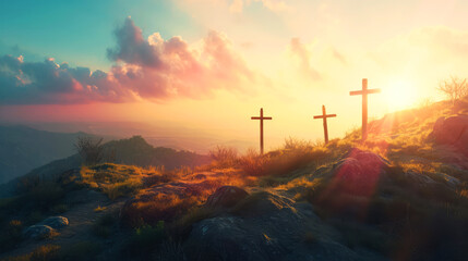 Three crosses on the top of the mountain at sunrise. - Powered by Adobe