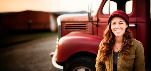 Portrait of a young female caucasian  american  truck driver smiling and standing by her truck. horizontal background, copy space for text. 