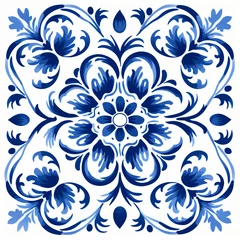 Gordijnen Ethnic folk ceramic tile in talavera style with navy blue floral ornament. Italian pattern, traditional Portuguese and Spain decor. Mediterranean porcelain pottery isolated on white background © ratatosk