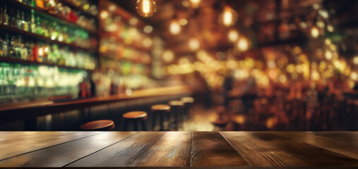This captivating image showcases a bustling restaurant or Liquor bar ambiance, with blurry patrons comfortably seated at tables. The focal point of the scene is a beautifully crafted wooden table, - obrazy, fototapety, plakaty
