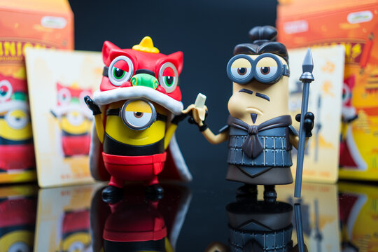 Bangkok, Thailand - January 7, 2024 : Cute Terracotta Warrior, Kevin and Lion Dance, Stuart from POP MART. Collectible Minions Travelogues of China Series Figurine