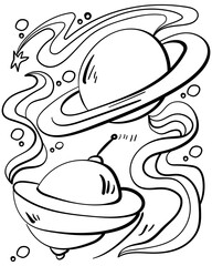 Spaceship in space between planets, UFO coloring page for kids activity