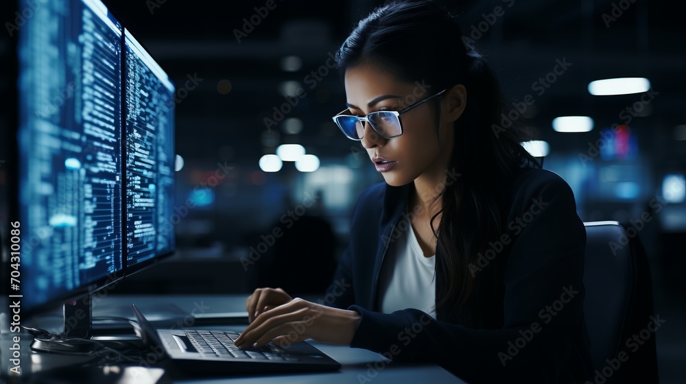 Wall mural Portrait of female working on computer, line of code projected on her glasses and reflecting.