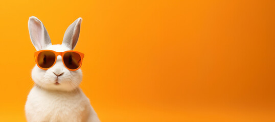 A white rabbit sports trendy orange sunglasses against a vibrant orange backdrop, oozing style and charisma.