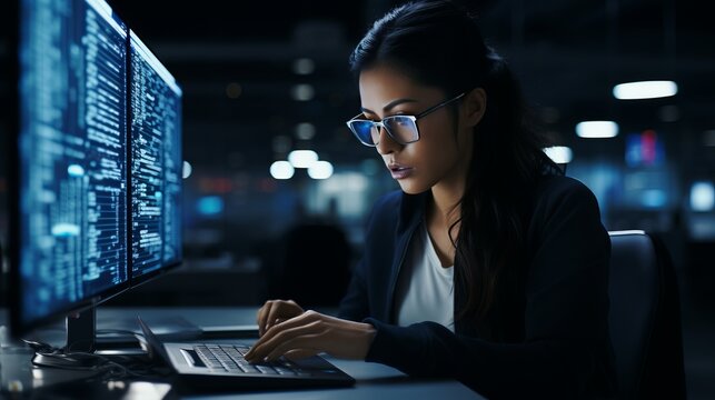 Portrait of female working on computer, line of code projected on her glasses and reflecting.