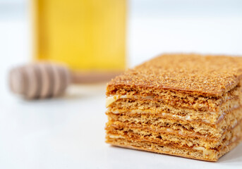 Honey layered cake or russian cake Medovik on white background. Close up view