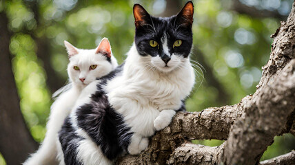 Naklejka na ściany i meble Photograph of a white and black cat sitting together in a tree in New York City