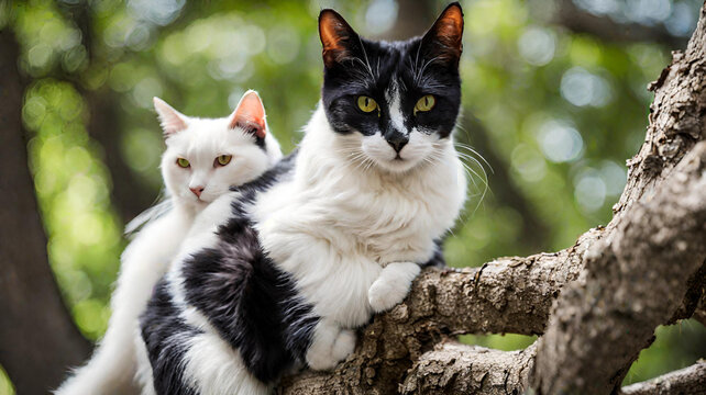 Photograph of a white and black cat sitting together in a tree in New York City