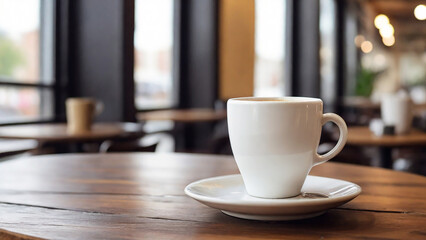 Coffee cup on wooden table in coffee shop