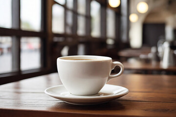 Obraz premium Coffee cup on wooden table in coffee shop