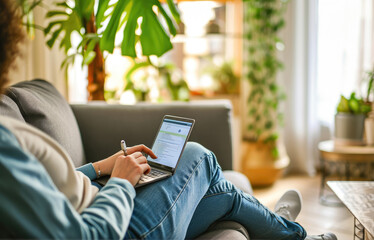 Woman working on her laptop with a notepad, comfortably sitting on the couch in a plant-filled living room.