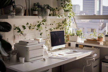 A cozy and modern home office setup with indoor plants and natural light, perfect for remote work and creativity.