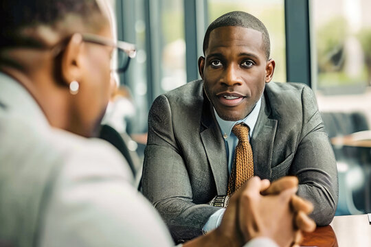 Two Professional African American Business People In A Serious Meeting Conversation At The Office.