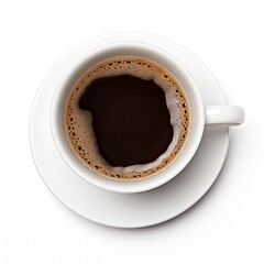 Top view of a full white cup of coffee on a white background