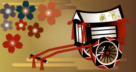 桜の和柄と御所車の金屛風背景素材