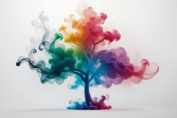 Gradient colorful colored smoke abstract background in the shape of a tree, pure white background