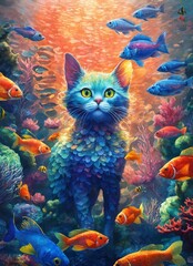 Fototapeta na wymiar A beautiful cat lives in the underwater world. Under the water. Cat and fish