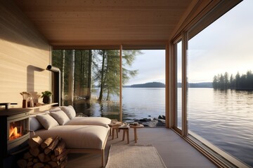 Modern lakeside cabin interior with large glass windows - obrazy, fototapety, plakaty