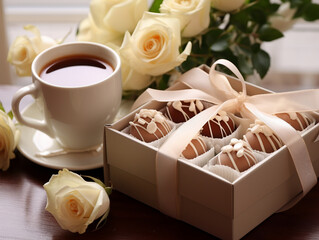 A box of chocolates with ribbons and rose on the table