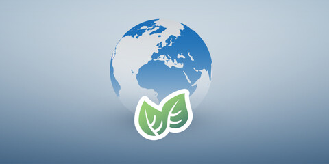 Blue Global Eco World Concept, Graphic Design Layout - Green Leaves and Earth Globe, Vector Template on Wide Scale Gradient Background