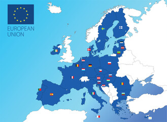 Obraz premium European Union map with the territorial division of the states with names and flags of the nations, vector illustration
