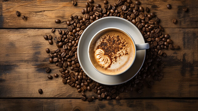 Close-up of freshly brewed latte in coffee cup on wooden rustic background