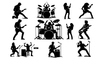 rock band detailed vectorized silhouettes set , black and white silhouettes or vector set
