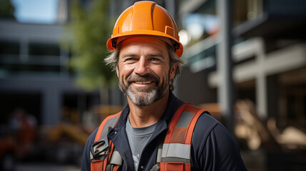 Portrait of a man builder in a helmet on the construction site, concept of civil engineering