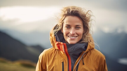 portrait of attractive middle aged woman in sportive outfit, hiking outdoor in the mountains
