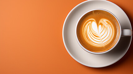 Close-up of freshly brewed latte in coffee cup on orange background - obrazy, fototapety, plakaty