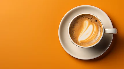 Fotobehang Close-up of freshly brewed latte in coffee cup on orange background © Migma_Agency