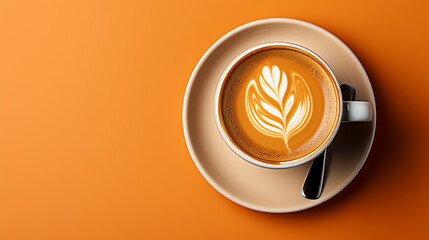 Close-up of freshly brewed latte in coffee cup on orange background