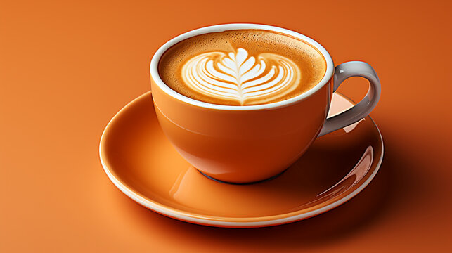 Close-up of freshly brewed latte in coffee cup on orange background