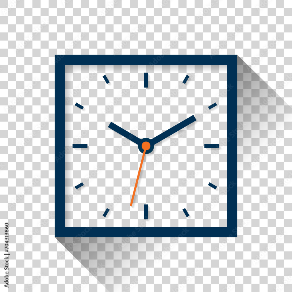 Poster square clock icon in flat style, timer on transparent background. business watch. vector design elem