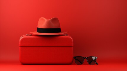 Exploring Summer Vibes: Stylish Suitcase, Hat, and Sunglasses on a Vibrant Red Background &ndash; Perfect for Travel and Holiday Concepts!