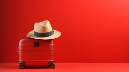 Exploring Summer Vibes: Stylish Suitcase, Hat, and Sunglasses on a Vibrant Red Background &ndash; Perfect for Travel and Holiday Concepts!