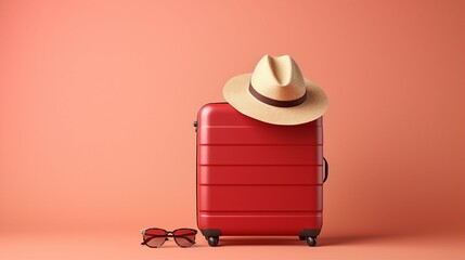 Exploring Summer Vibes: Stylish Suitcase, Hat, and Sunglasses on a Vibrant Red Background &ndash; Perfect for Travel and Holiday Concepts!