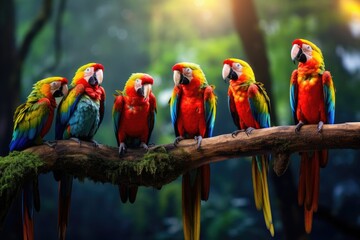 A vibrant group of parrots perched together on a branch, A group of colorful parrots perched on a branch in the rainforest, AI Generated - Powered by Adobe
