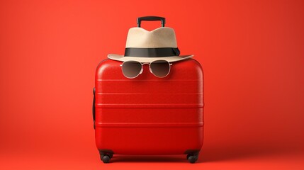 Exploring Summer Vibes: Stylish Suitcase, Hat, and Sunglasses on a Vibrant Red Background &ndash; Perfect for Travel and Holiday Concepts!