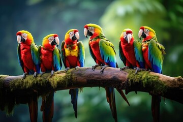 group of parrots showcasing a rainbow of vibrant colors as they sit together on a perfectly balanced tree branch, A group of colorful parrots perched on a branch in the rainforest, AI Generated