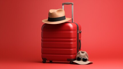Exploring Summer Vibes: Stylish Suitcase, Hat, and Sunglasses on a Vibrant Red Background &ndash; Perfect for Travel and Holiday Concepts!