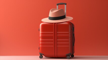 Exploring Summer Vibes: Stylish Suitcase, Hat, and Sunglasses on a Vibrant Red Background &ndash; Perfect for Travel and Holiday Concepts!