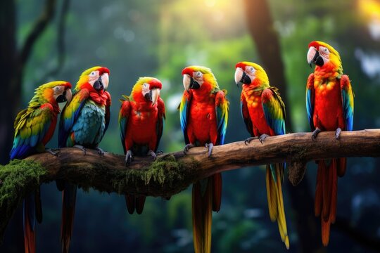 A vibrant group of parrots perched together on a branch, A group of colorful parrots perched on a branch in the rainforest, AI Generated