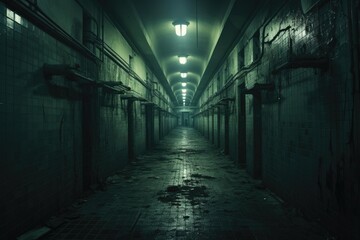 Fototapeta na wymiar A dimly lit corridor stretches ahead, revealing a glimmering light beckoning from the distant exit, A haunting image of an abandoned asylum, AI Generated