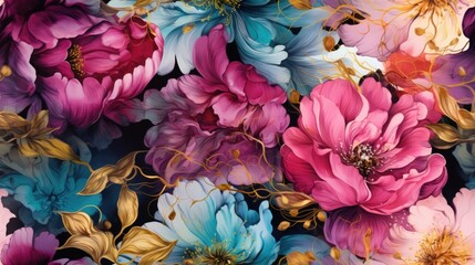 Luxurious floral 3d wallpaper patterned in rich bright colors with elements of gold. Dramatic floral abstract, ornament, pattern, art illustration. Opulent floral print for fabric, paper, stationery.