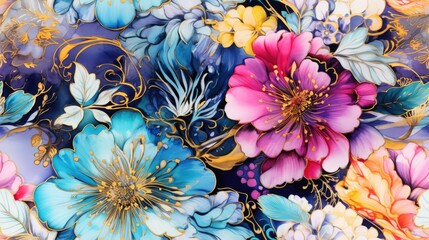 Fototapeta premium Luxurious floral 3d wallpaper patterned in rich bright colors with elements of gold. Dramatic floral abstract, ornament, pattern, art illustration. Opulent floral print for fabric, paper, stationery.
