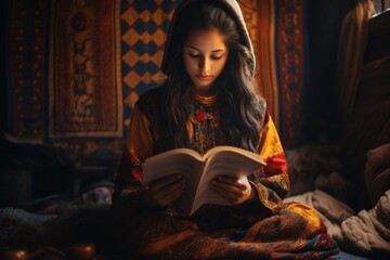 A woman enjoys a moment of relaxation as she sits on a bed, engrossed in a captivating book, A girl in traditional attire reading a book, AI Generated