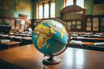 A globe sits on top of a wooden table, displaying the beauty of Earth and adding a touch of elegance to any space, A globe sitting enchantingly in a history classroom, AI Generated