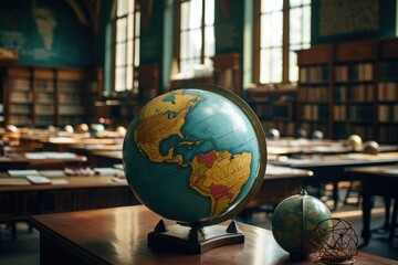 A globe sits atop a wooden table, symbolizing global interconnectedness on a natural surface, A globe sitting enchantingly in a history classroom, AI Generated