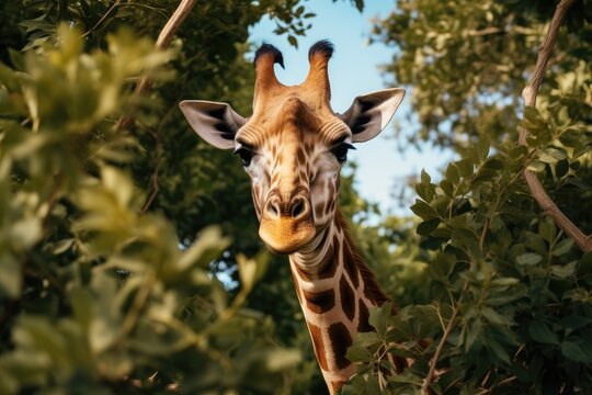 A stunning close-up image of a giraffes face, framed by trees, captured in its natural habitat, A gentle giraffe grazing on tree leaves, AI Generated